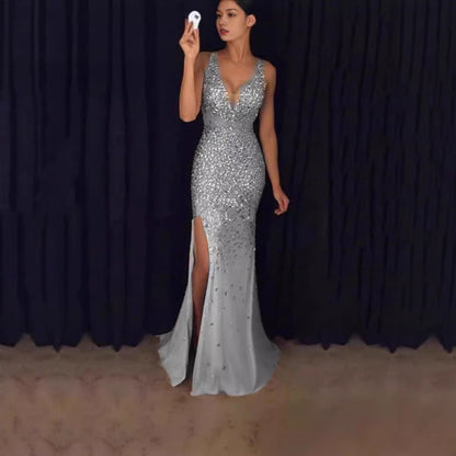 Damen Abendkleid Glitzernd Tiefes Dekolleté