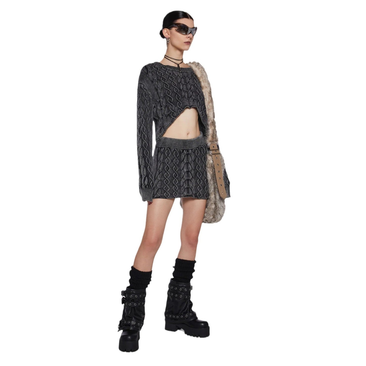 Damen Grobgestricktes Crop- Set Minirock Norvielle