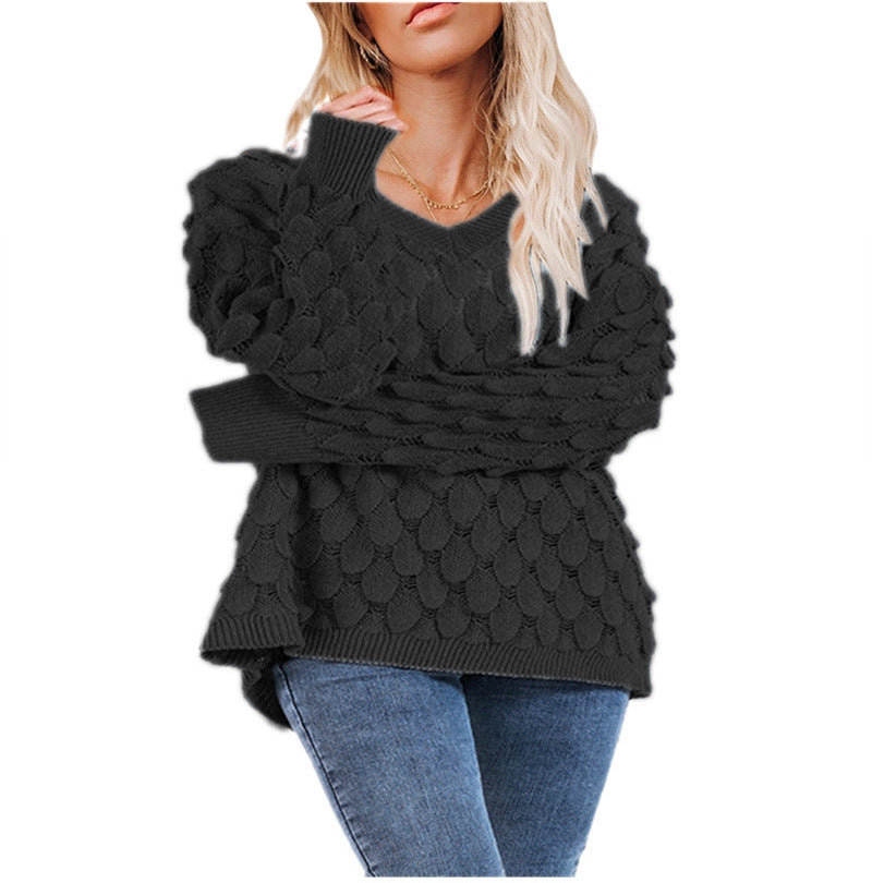 Damen Grobstrickpullover V-Ausschnitt Wellenmuster Norvielle
