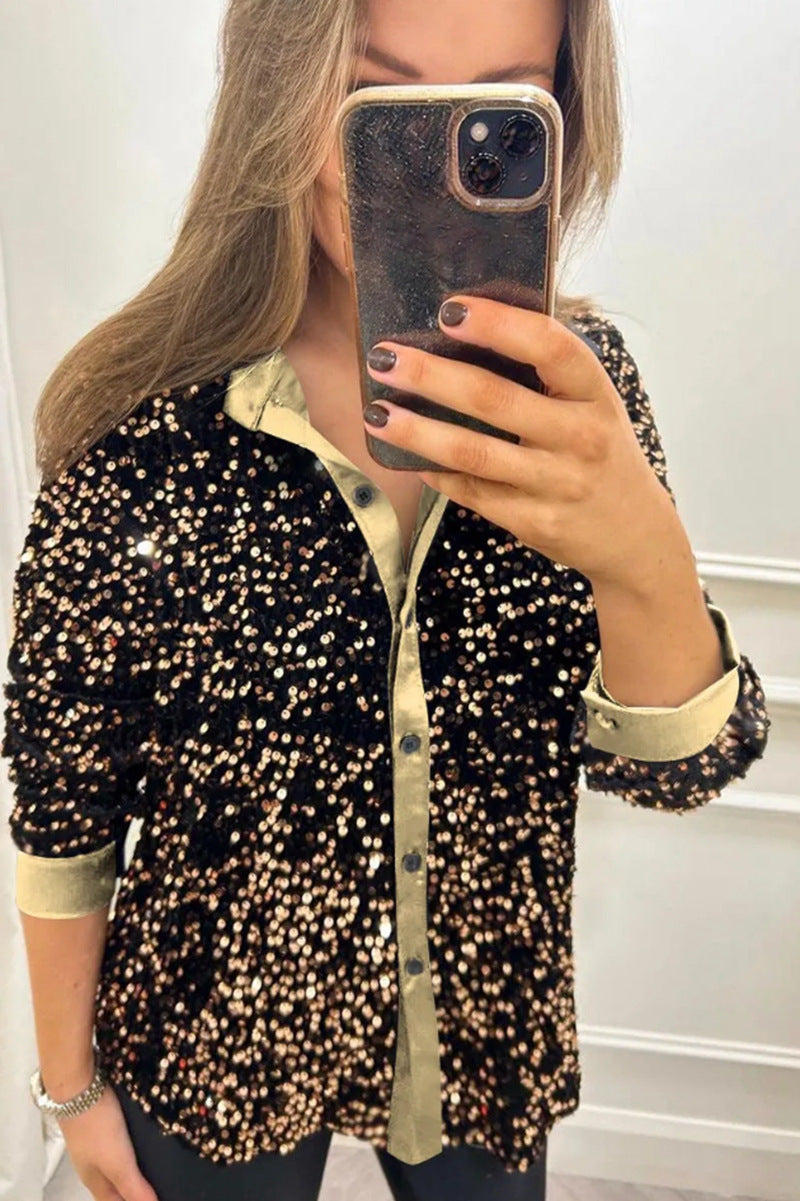 Damen Paillettenbluse Klassischer Kragen Langer Ärmel Norvielle