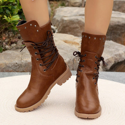 Damen Stiefel Mittellang Kunstleder Schnürung Blockabsatz