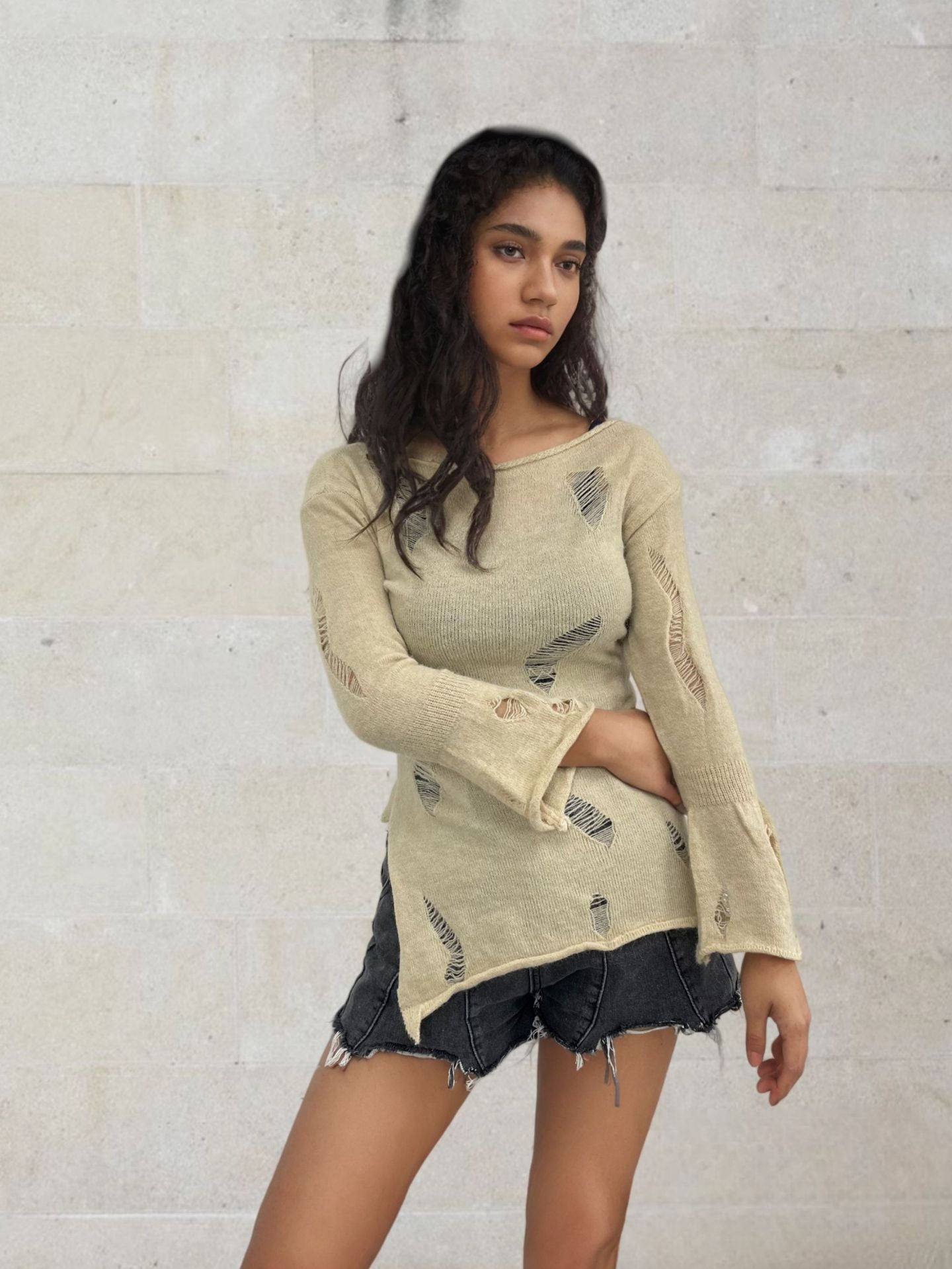 Damen Rippstrickpullover Distressed Look Norvielle