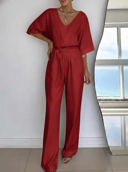 Damen Jumpsuit Tailliert Wickelgürtel Elegant