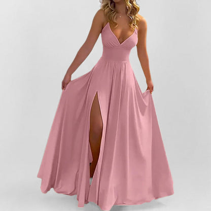 Damen Maxikleid Fließend V-Ausschnitt Hocher Schlitz Norvielle