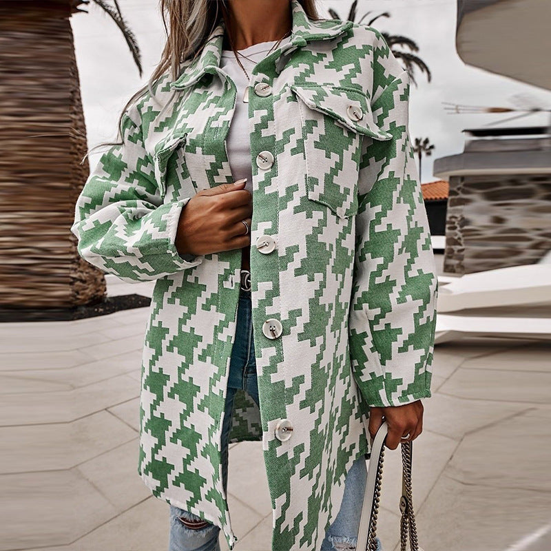 Damen Oversized Jacke Hahnentrittmuster Taschen Norvielle