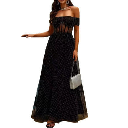 Damen Maxikleid Schulterfrei Transparente Einsätze Pünktchenmuster