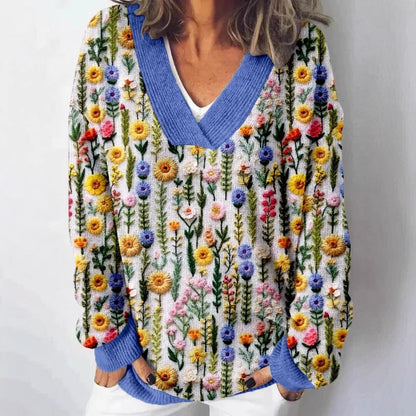 Damen Pullover V-Ausschnitt Floralmuster Lässig Norvielle