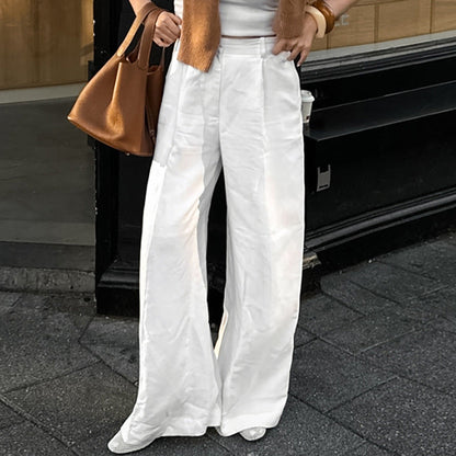 Damen Leinenhose Weit Geschnitten Elastischer Bund Hoch Tailliert - Norvielle