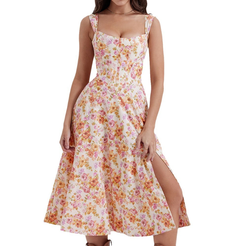 Damen Sommerkleid mit Blumenmuster und hoher Beinschlitze Norvielle