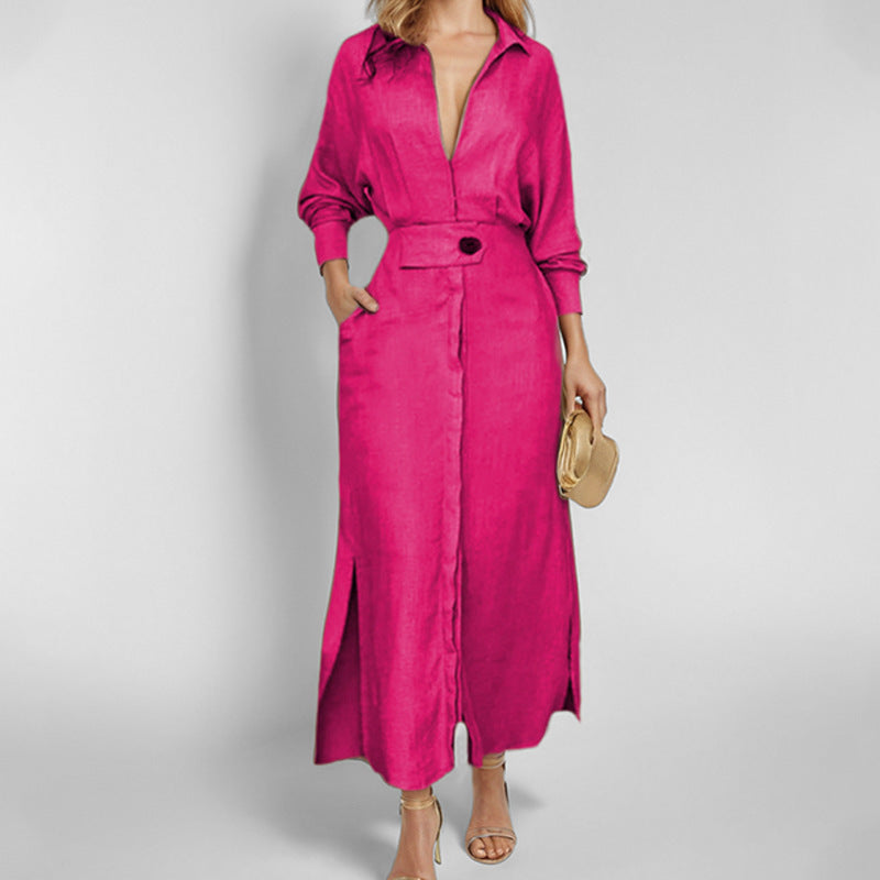 Damen Maxikleid V-Ausschnitt Gürtel Elegantes Kleid