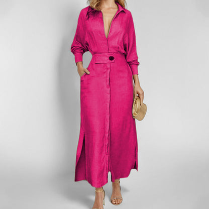 Damen Maxikleid V-Ausschnitt Gürtel Elegantes Kleid