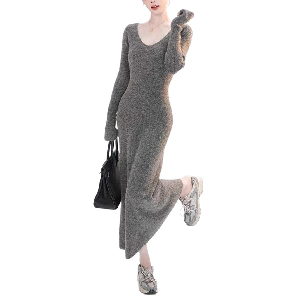 Damen Strickkleid V-Ausschnitt Länge Lang Ärmel Norvielle
