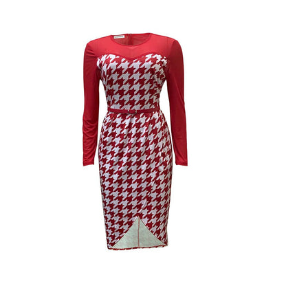 Damen Kleid Langarm Hahnentritt-Design