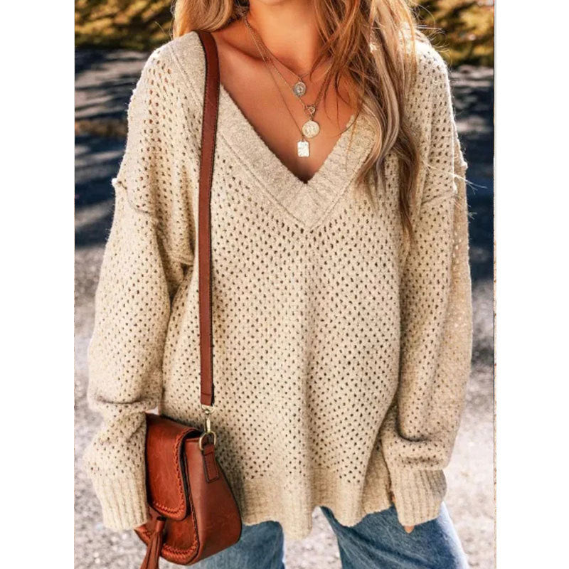 Damen Strickpullover Luftig Norvielle Lochmuster Beige