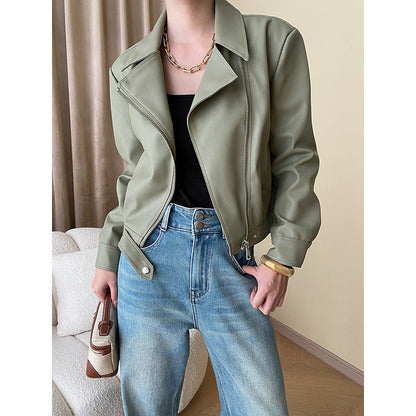 Damen Kunstlederjacke Reißverschluss Moderner Kragen Schwarz - Norvielle