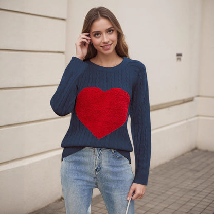 Damen Strickpullover Herz-Applikation Luftige Maschenstruktur