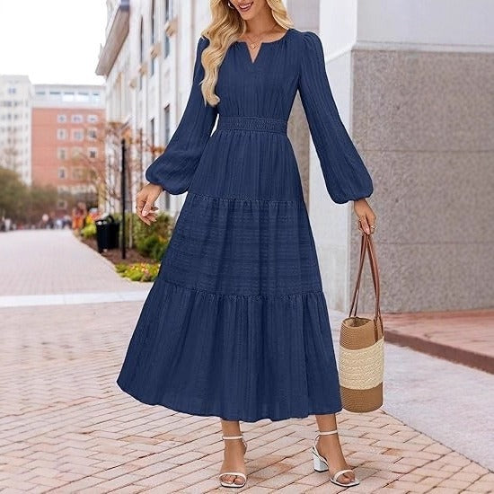 Damen Maxikleid mit Puffärmeln und Smoktaillen Norvielle
