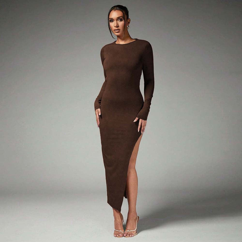 Damen Maxikleid Langarm Seitenschlitz Norvielle