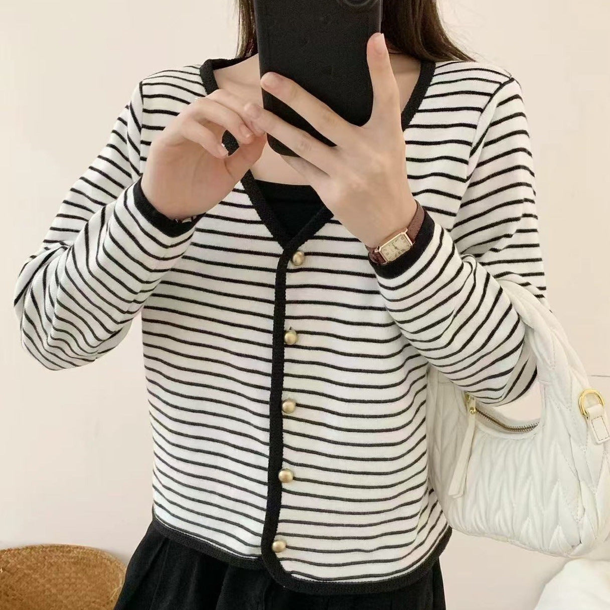 Damen Cardigan Streifen V-Ausschnitt Elegante Knöpfe
