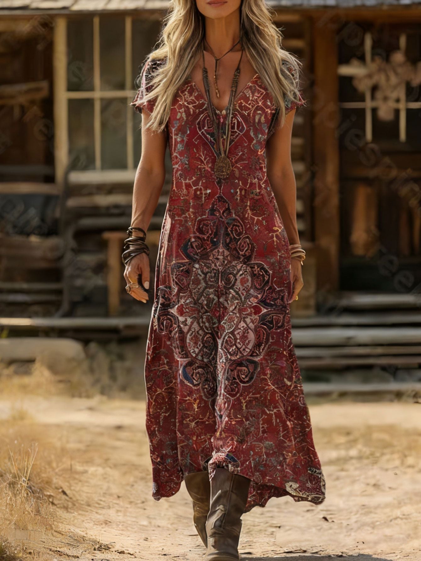 Damen Maxikleid V-Ausschnitt Kunstvolles Muster