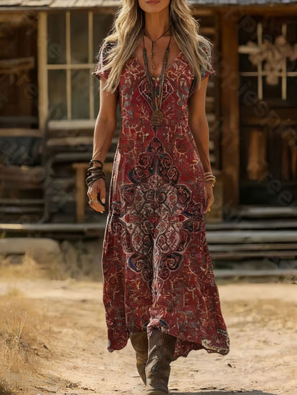 Damen Maxikleid V-Ausschnitt Kunstvolles Muster