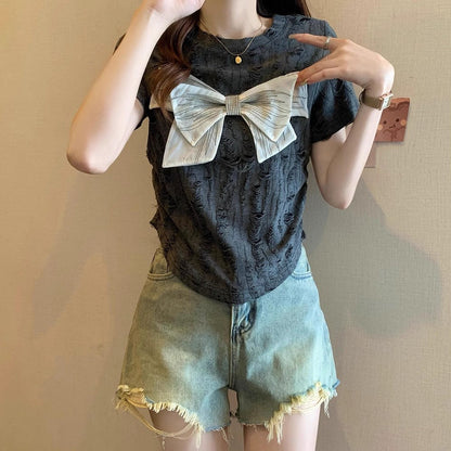 Damen Kurzarmshirt Dekoratives Schleifendetail