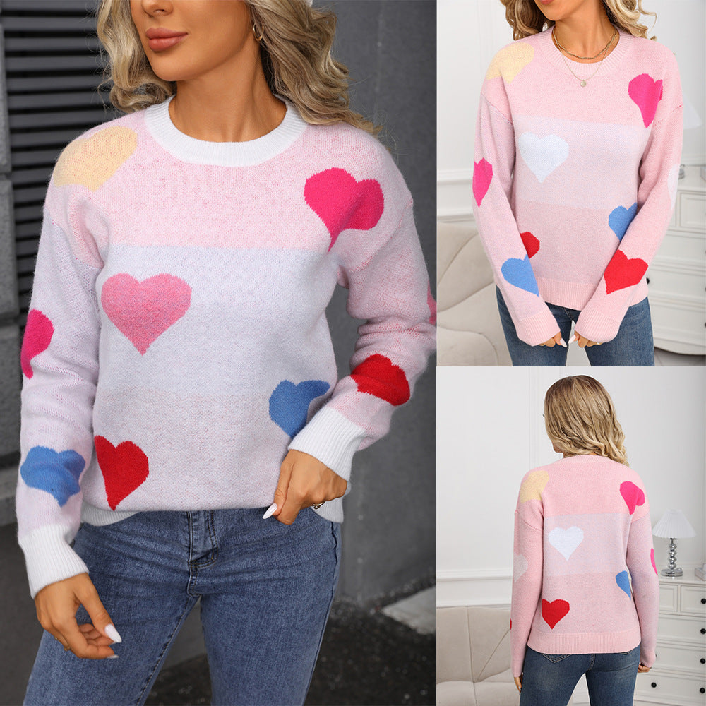 Damen Pullover Kuschelig Herz-Motive Strukturiert Rosa - Norvielle
