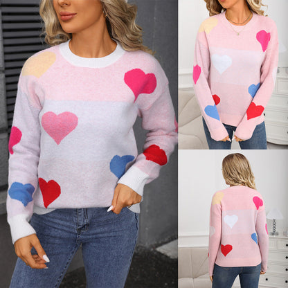 Damen Pullover Kuschelig Herz-Motive Strukturiert Rosa - Norvielle