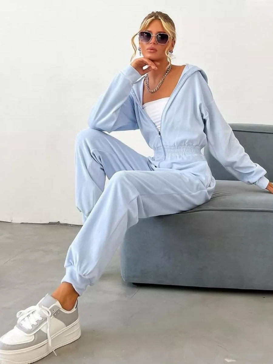 Damen Velours-Jumpsuit mit Kapuze elastisch Norvielle