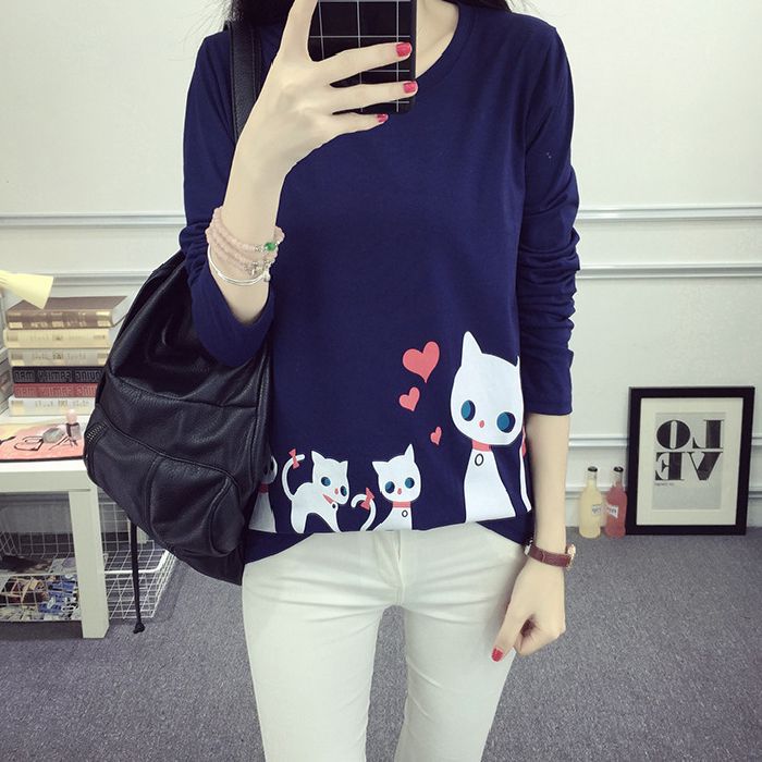 Damen Langarm-T-Shirt Katzenmotiv Baumwolle Weiß