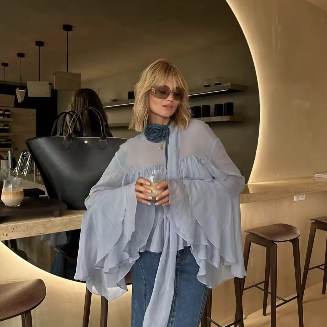 Damen Bluse Rüschendesign Voluminös Weit Ärmel Norvielle