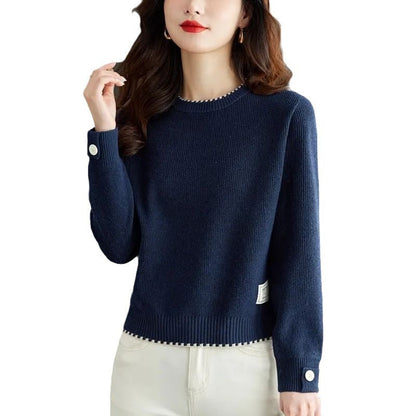Damen Strickpullover Feine Ribstruktur Modische Knöpfe Norvielle