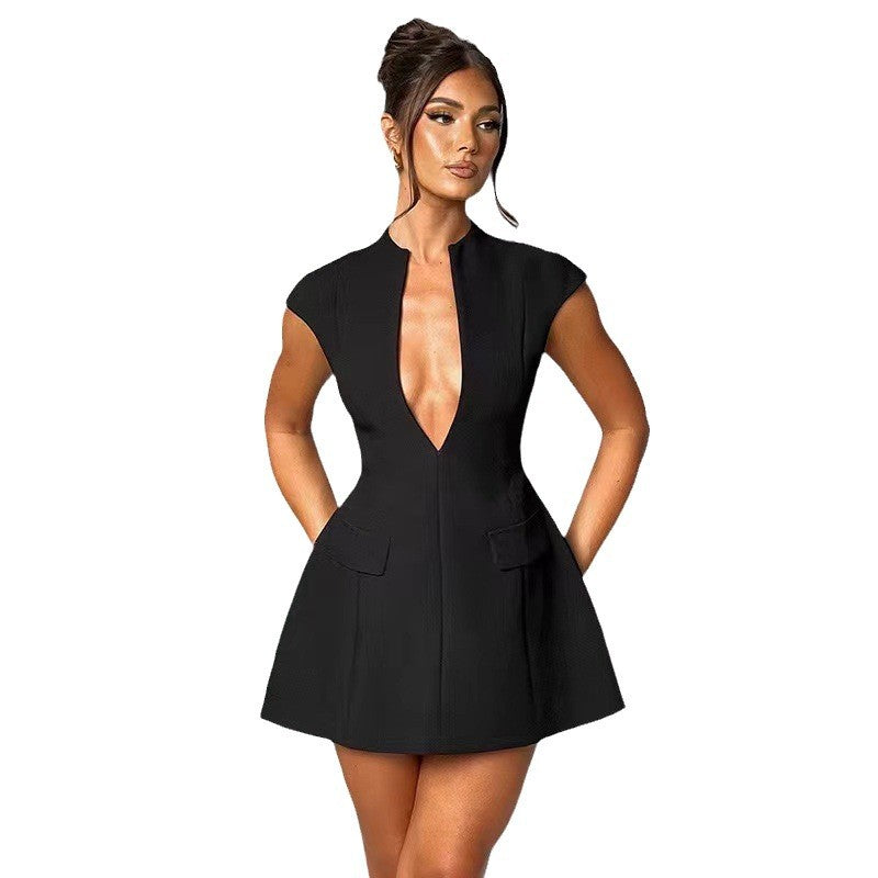 Damen Kurzkleid V-Ausschnitt Taschen Norvielle