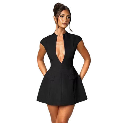 Damen Kurzkleid V-Ausschnitt Taschen Norvielle