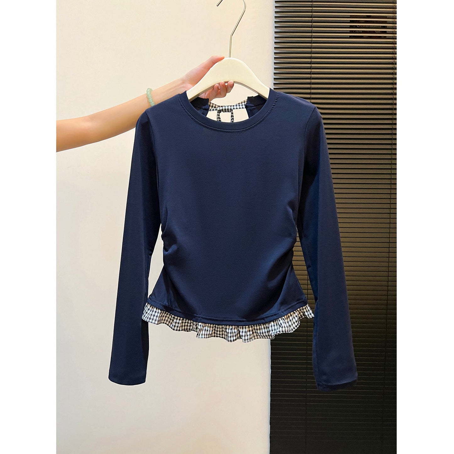 Damen Langarmshirt Asymmetrischer Rüschenrand Dekoratives Rückenteil