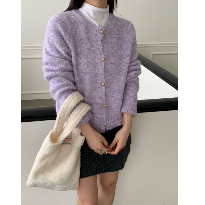 Damen Strickcardigan Flauschig Rundhals Echtknöpfe Beige