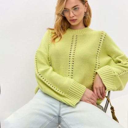 Damen Strickpullover Feine Lochmusterung Breite Bündchen Beige