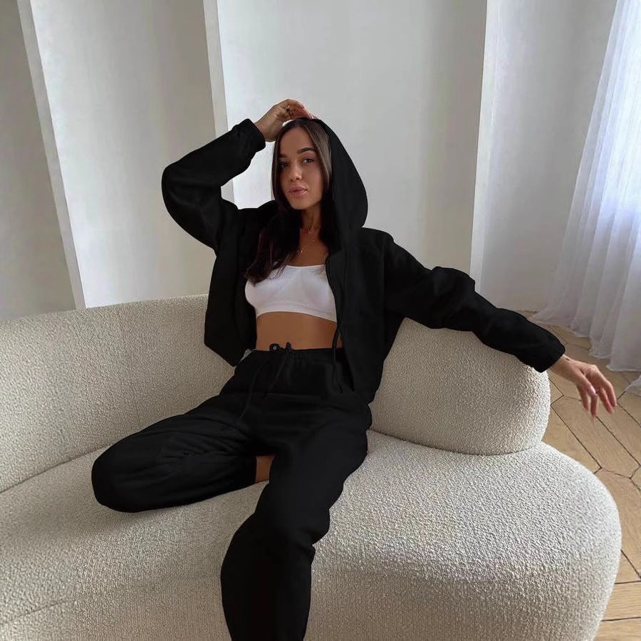 Damen Sportliches Kapuzen-Set Cropped Oberteil Jogginghosen Norvielle