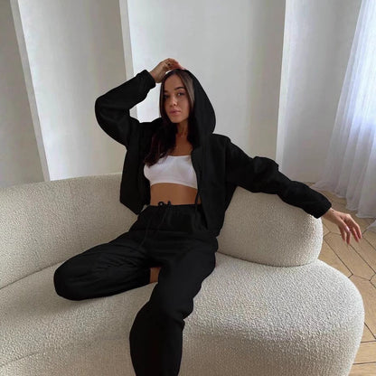 Damen Sportliches Kapuzen-Set Cropped Oberteil Jogginghosen Norvielle