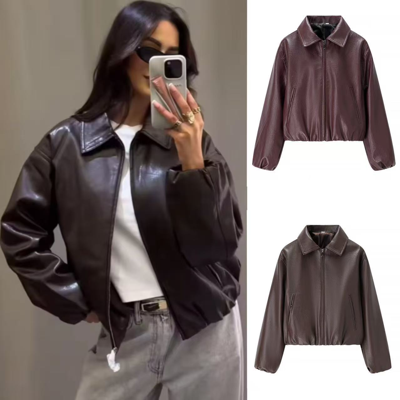 Damen Kunstlederjacke Elastischer Bund Schwarz Norvielle - Norvielle