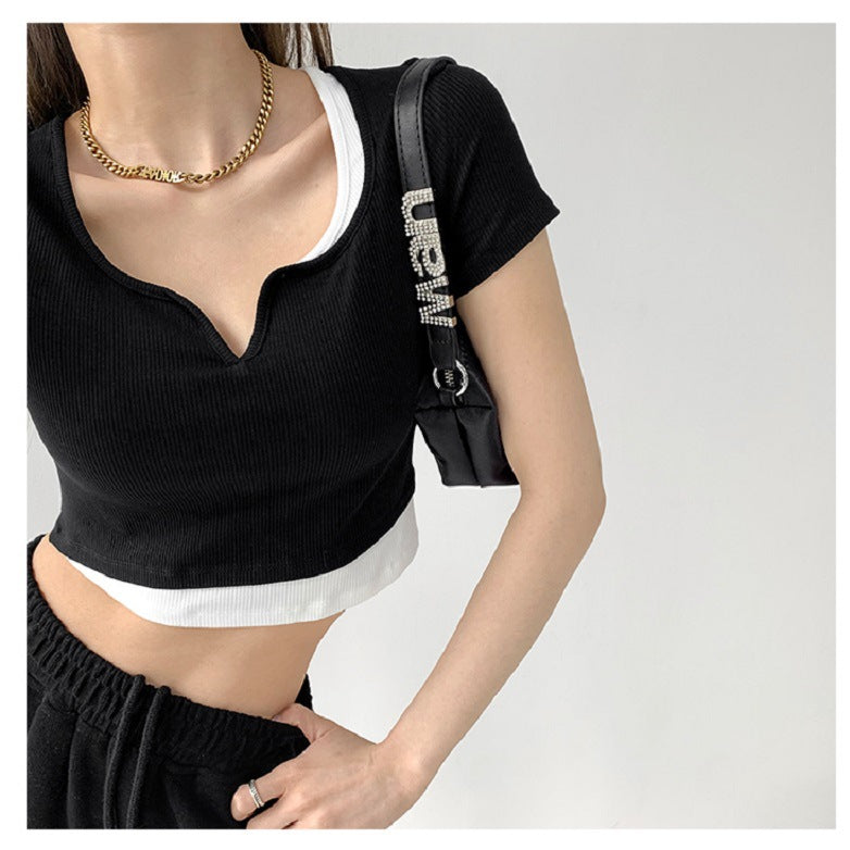 Damen Cropped Oberteil V-Ausschnitt Textur