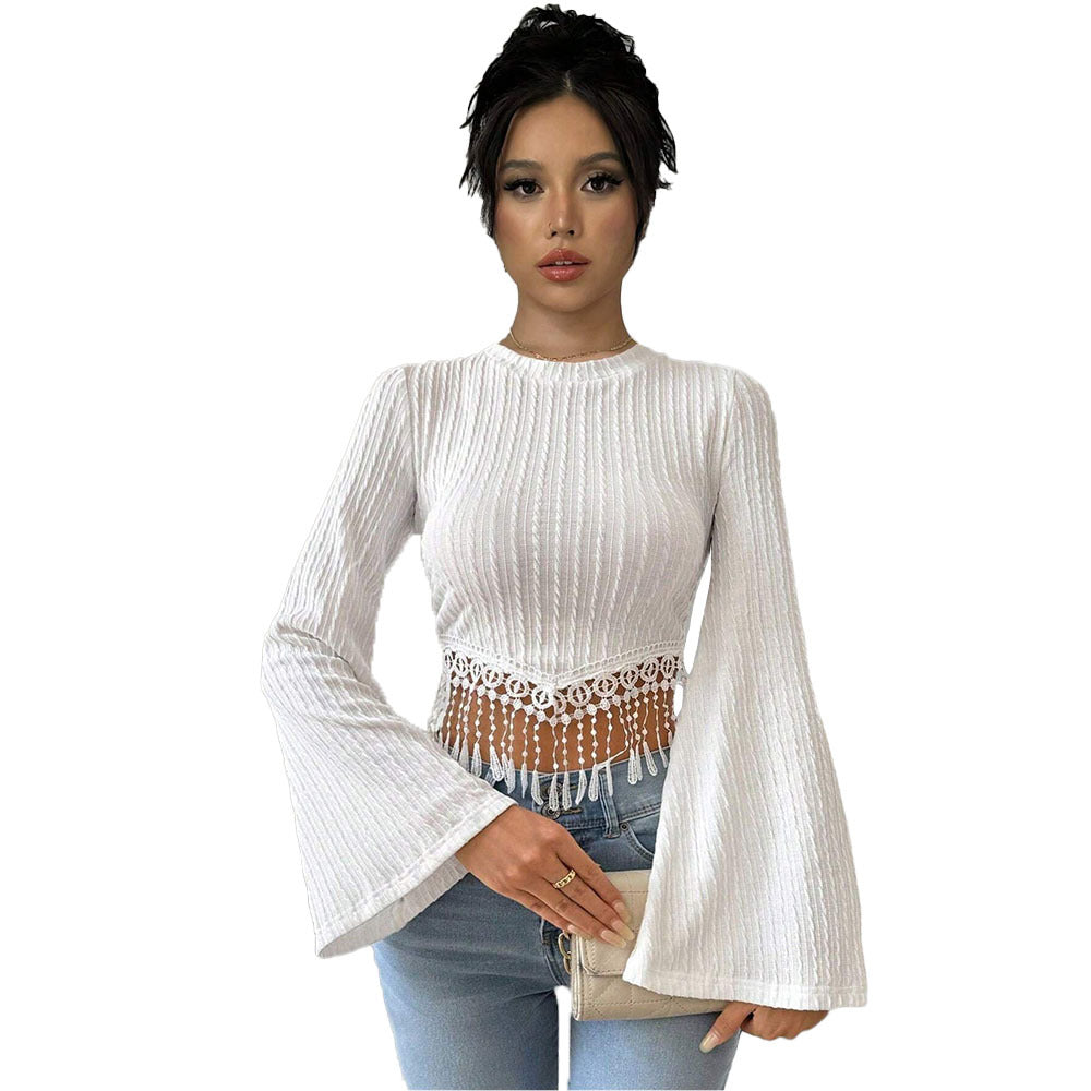 Damen Crop- Spitze Trompetenärmel Elégant Weiß