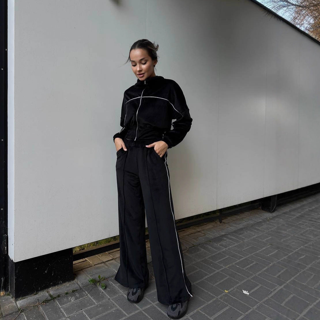 Damen Sportanzug Cropped Hohler Kragen Reißverschluss