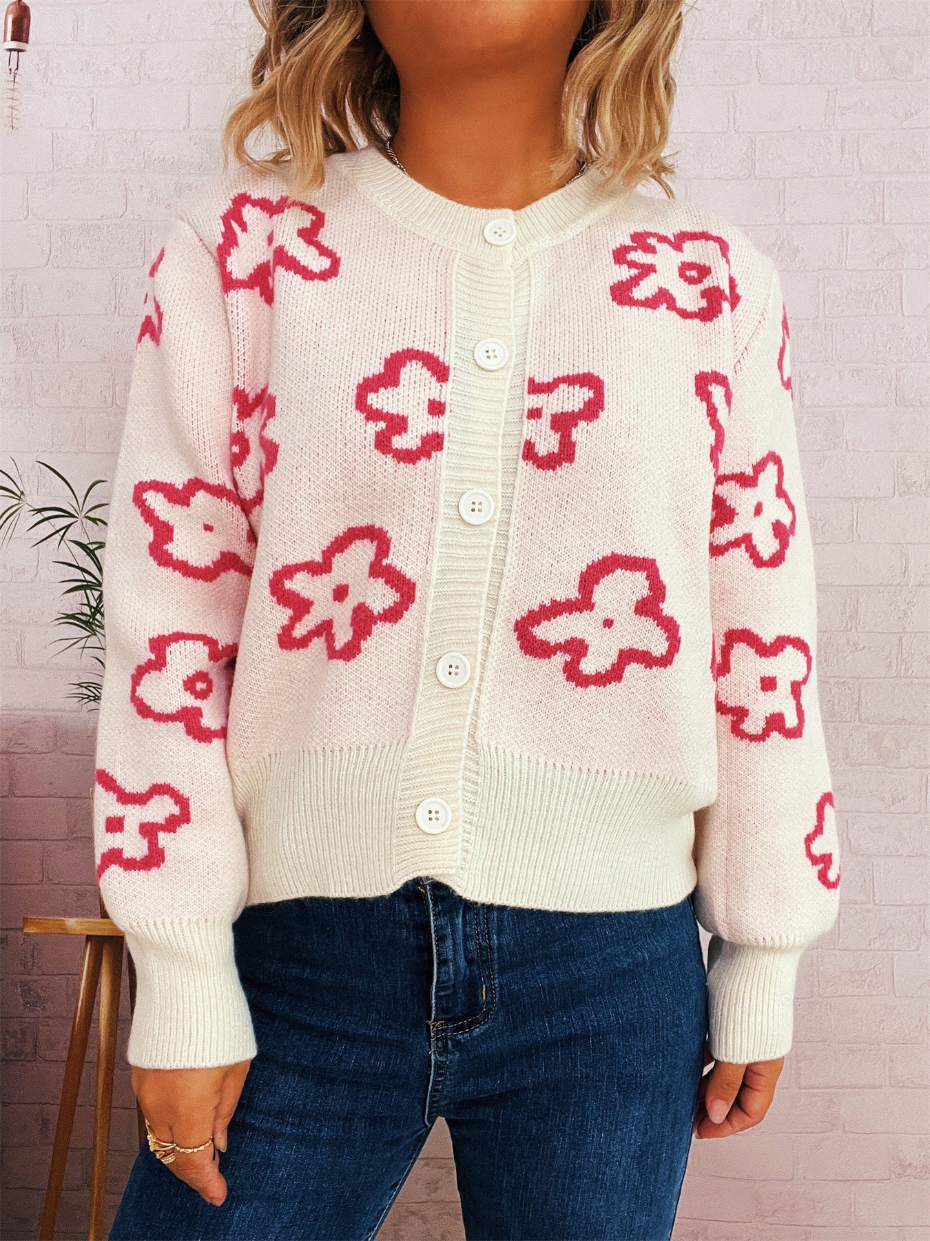 Damen Strickjacke Floralmuster Knöpfe Norvielle