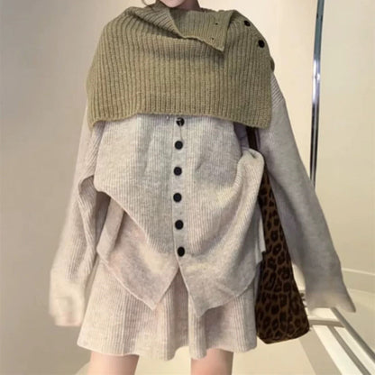 Damen Strickensemble Kontrastpullover Elegante Knöpfe Beige