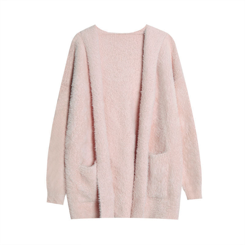 Damen Strickcardigan Flauschig Offener Schnitt Lässig Beige