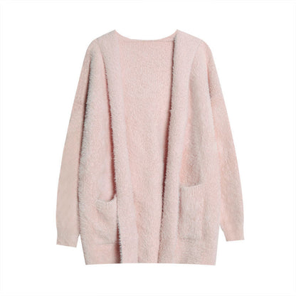 Damen Strickcardigan Flauschig Offener Schnitt Lässig Beige