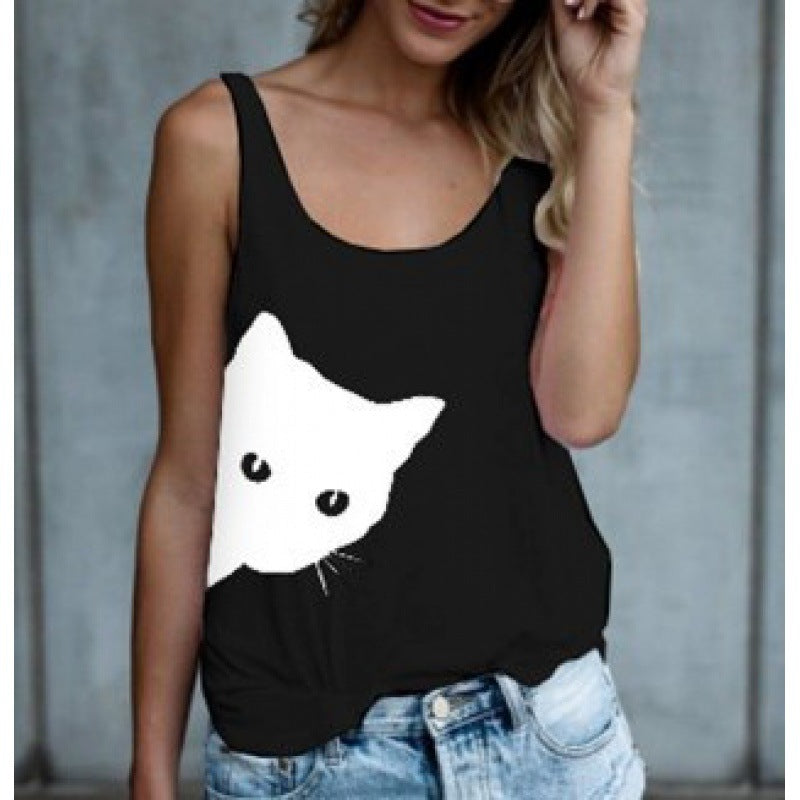 Damen Tanktop Katzenmotiv Baumwolle Lässig Weiß