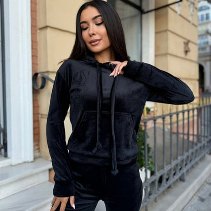 Damen Velours Loungewear Set mit Kapuze elastisch