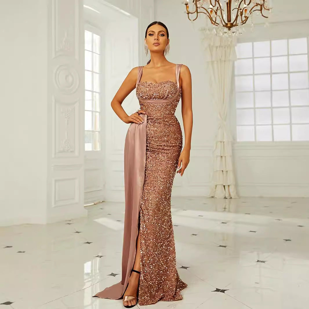Damen Abendkleid mit tiefem Schlitz Paillettenverzierung Norvielle - Norvielle